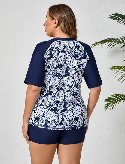 Endless Play Plus Size Short Sleeve Two Piece Rash Guard Sets with Built in Bra