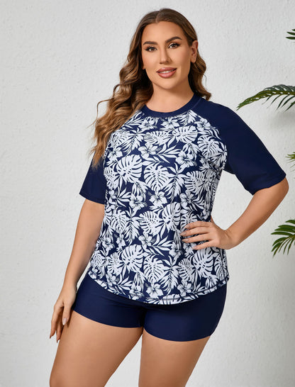 Endless Play Plus Size Short Sleeve Two Piece Rash Guard Sets with Built in Bra