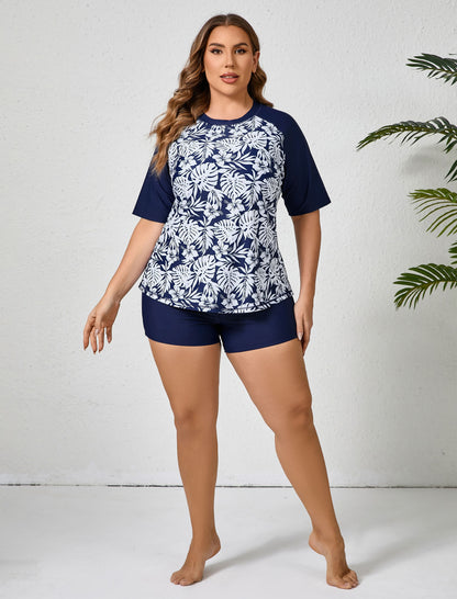 Endless Play Plus Size Short Sleeve Two Piece Rash Guard Sets with Built in Bra
