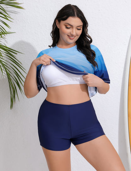 Endless Play Plus Size Short Sleeve Two Piece Rash Guard Sets with Built in Bra