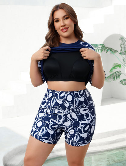 Endless Play Plus Size Short Sleeve Two Piece Rash Guard Sets with Built in Bra