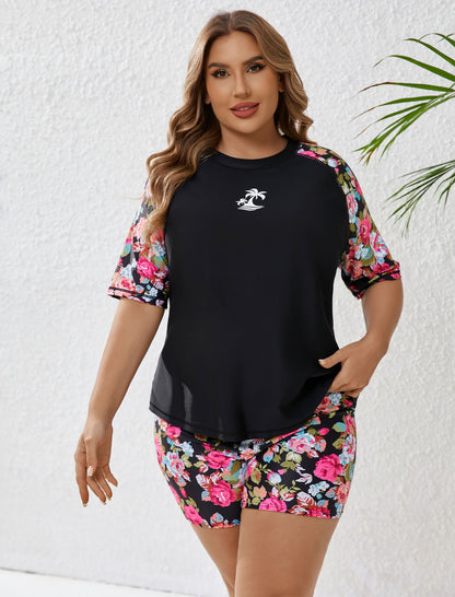 Endless Play Plus Size Short Sleeve Two Piece Rash Guard Sets with Built in Bra