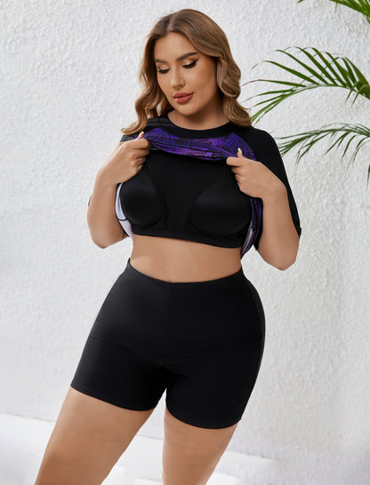 Endless Play Plus Size Short Sleeve Two Piece Rash Guard Sets with Built in Bra
