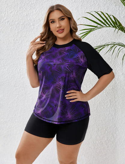 Endless Play Plus Size Short Sleeve Two Piece Rash Guard Sets with Built in Bra