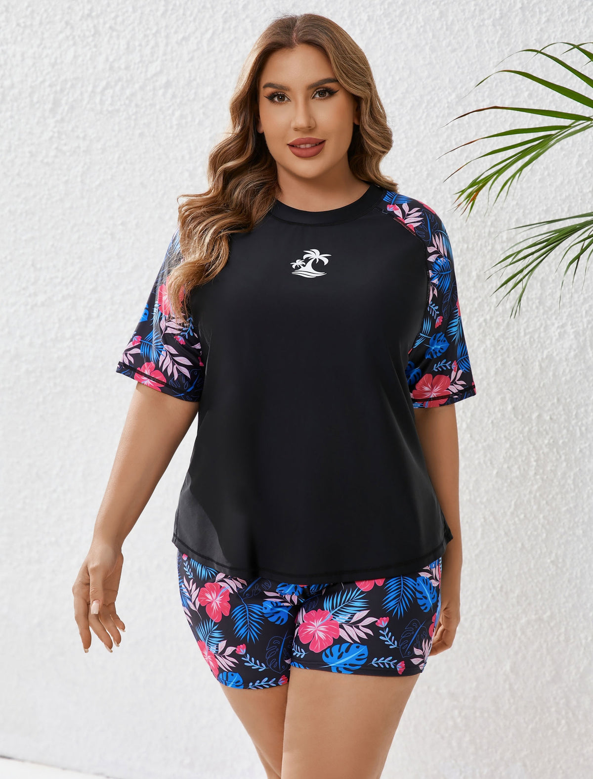 Endless Play Plus Size Short Sleeve Two Piece Rash Guard Sets with Built in Bra