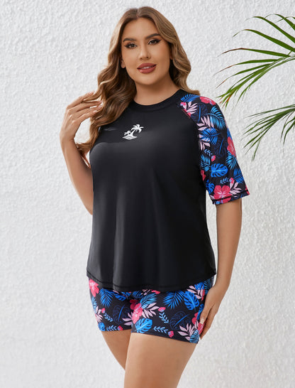 Endless Play Plus Size Short Sleeve Two Piece Rash Guard Sets with Built in Bra