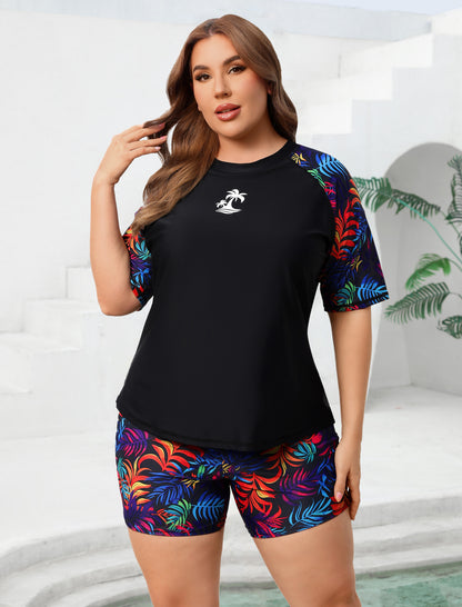 Endless Play Plus Size Short Sleeve Two Piece Rash Guard Sets with Built in Bra