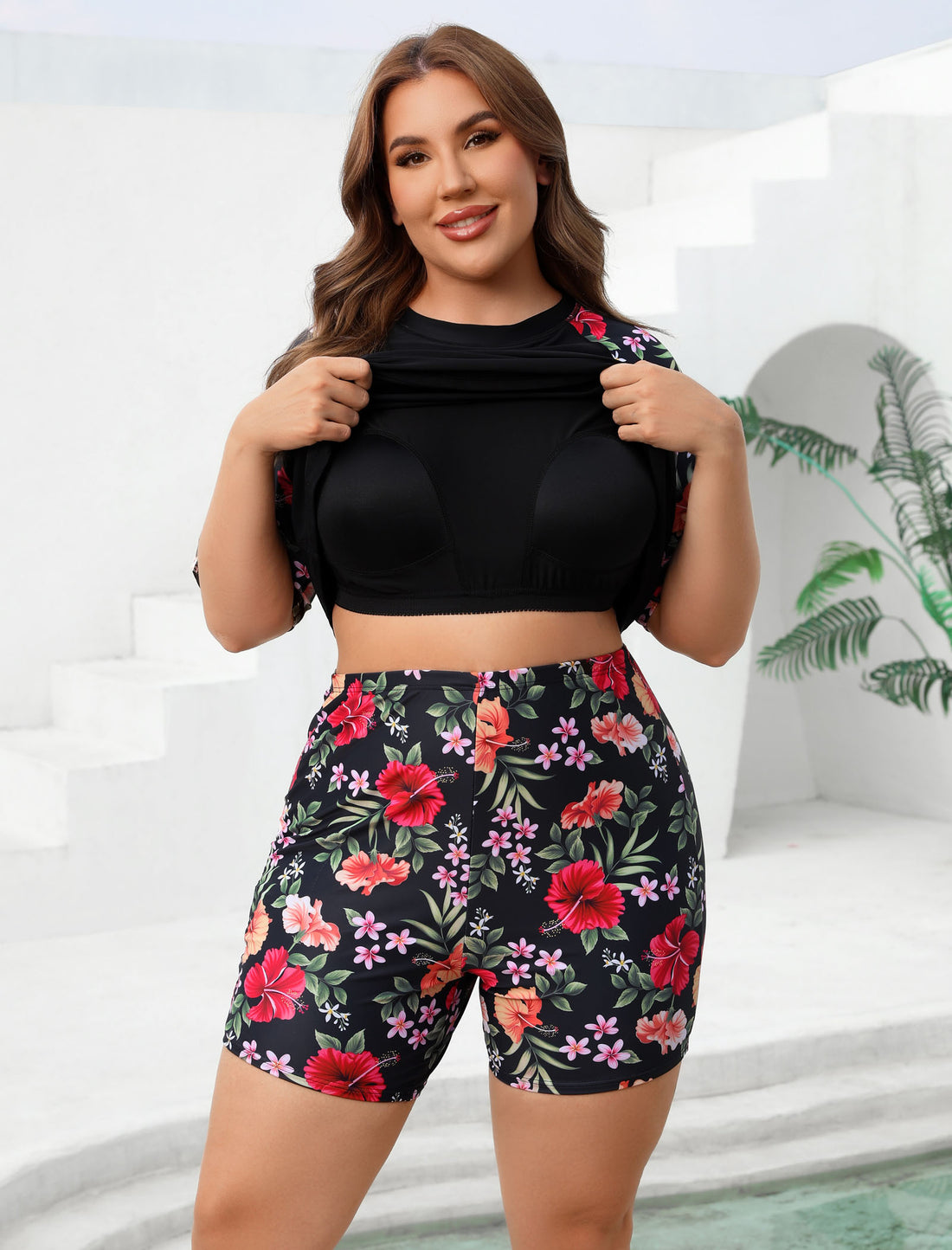 Endless Play Plus Size Short Sleeve Two Piece Rash Guard Sets with Built in Bra