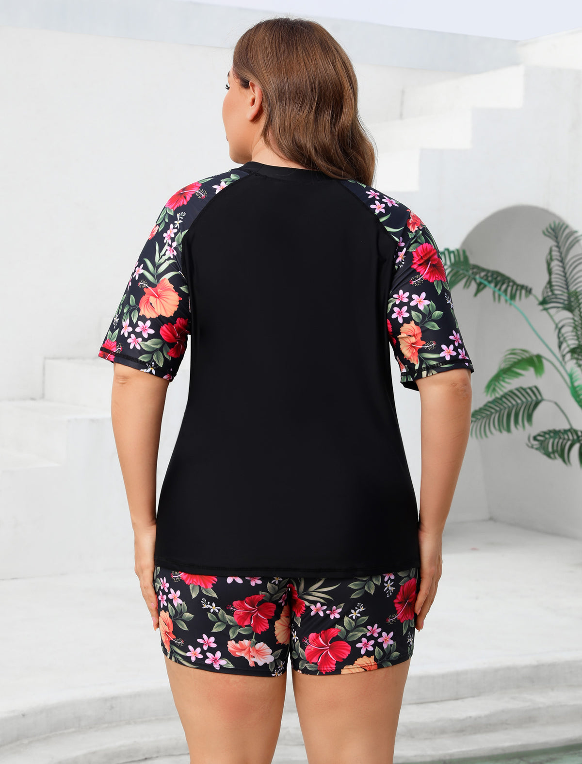 Endless Play Plus Size Short Sleeve Two Piece Rash Guard Sets with Built in Bra