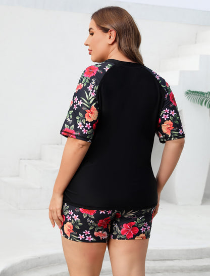 Endless Play Plus Size Short Sleeve Two Piece Rash Guard Sets with Built in Bra