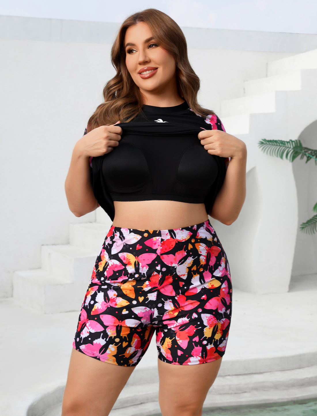 Endless Play Plus Size Short Sleeve Two Piece Rash Guard Sets with Built in Bra