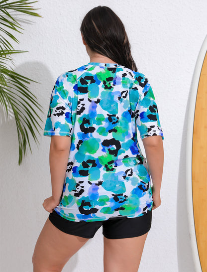 Endless Play Plus Size Short Sleeve Two Piece Rash Guard Sets with Built in Bra