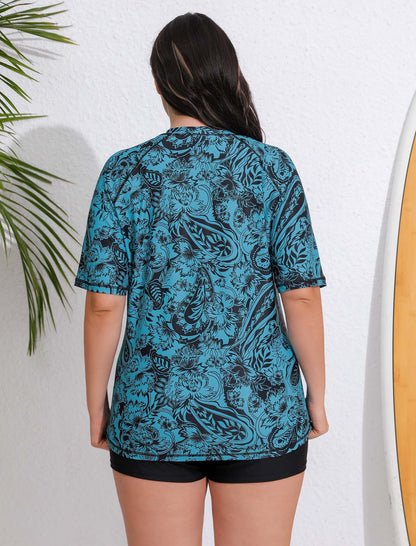 Endless Play Plus Size Short Sleeve Two Piece Rash Guard Sets with Built in Bra