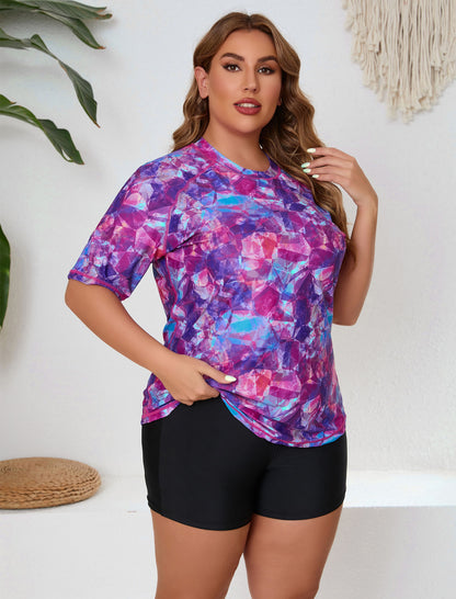 Endless Play Plus Size Short Sleeve Two Piece Rash Guard Sets with Built in Bra