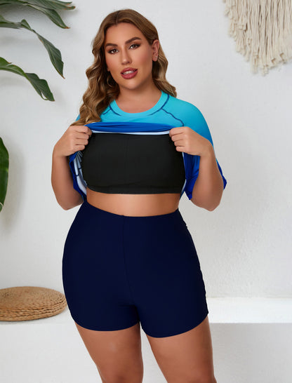 Endless Play Plus Size Short Sleeve Two Piece Rash Guard Sets with Built in Bra