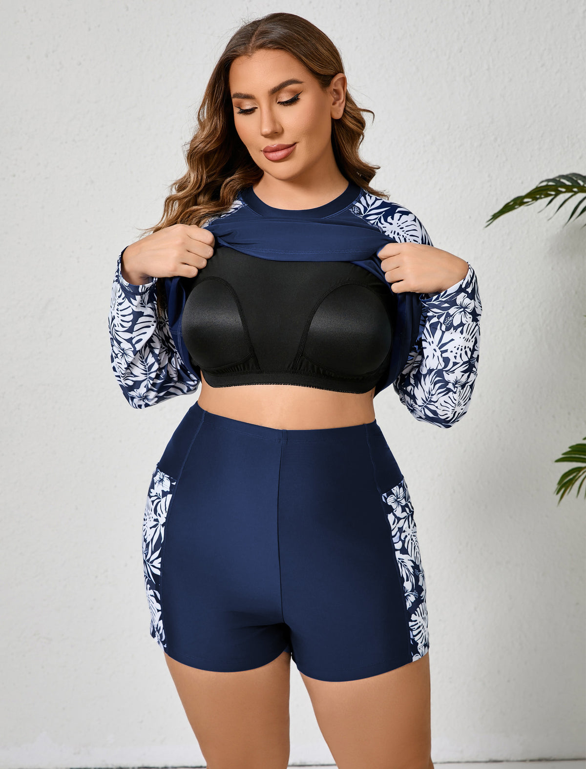 Holiday Uniform Plus Size Two Piece Rash Guard Sets with Built in Bra