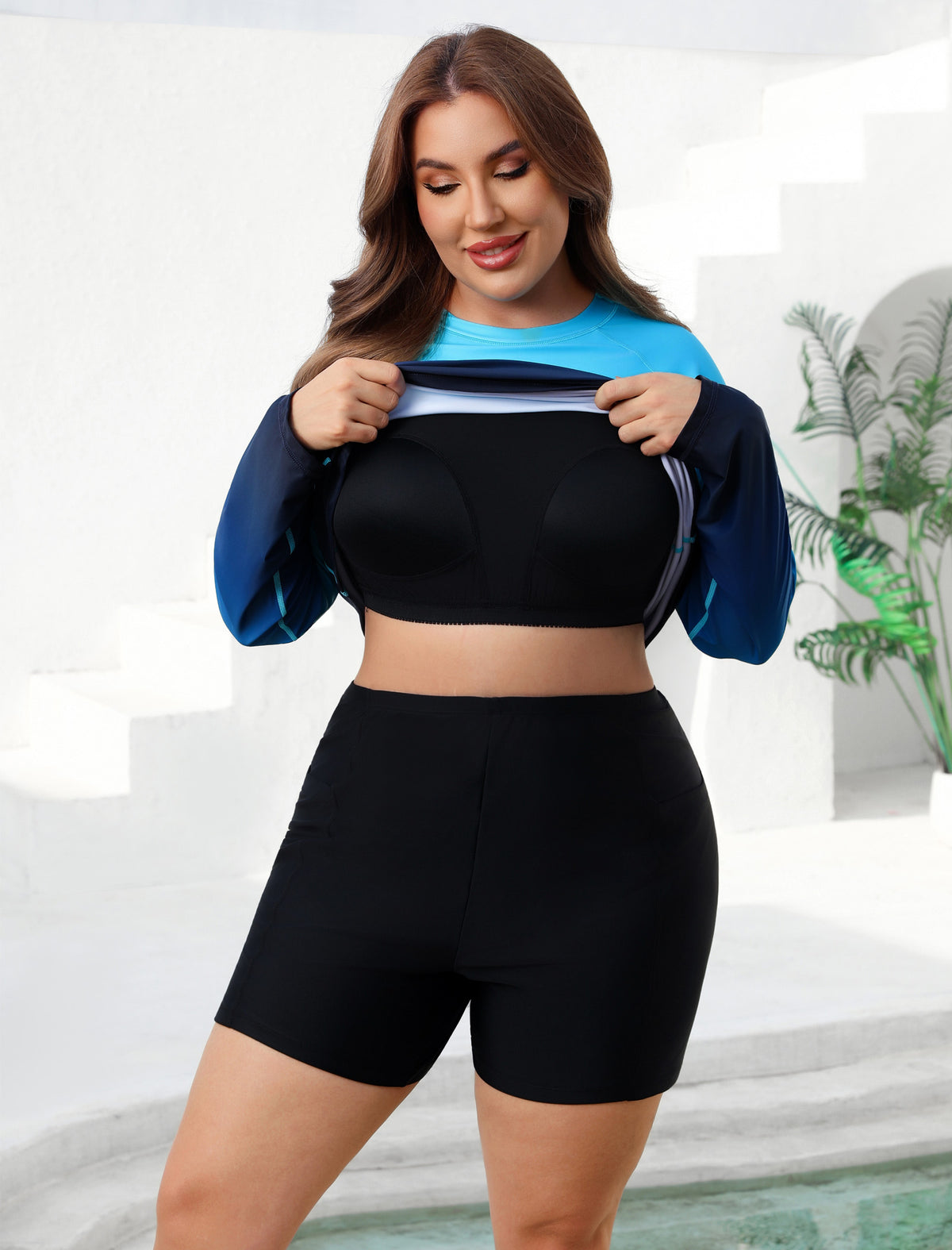 Holiday Uniform Plus Size Two Piece Rash Guard Sets with Built in Bra