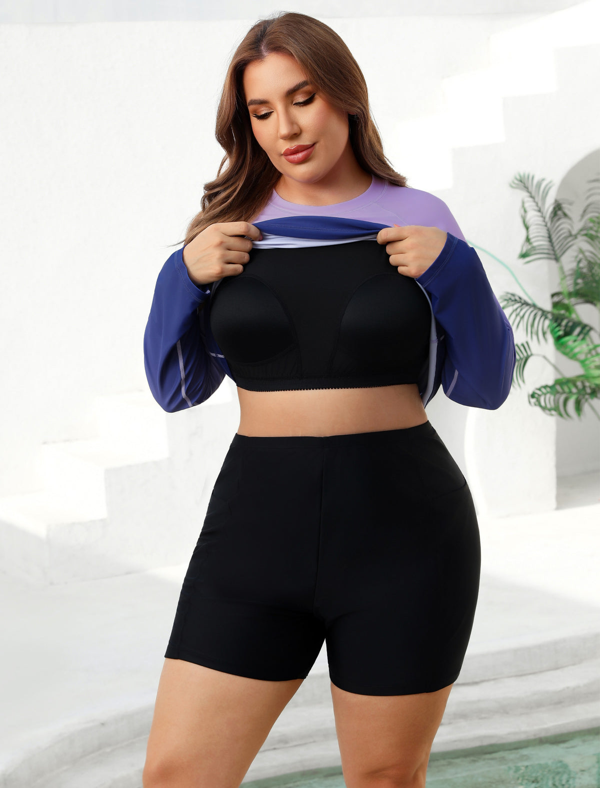 Holiday Uniform Plus Size Two Piece Rash Guard Sets with Built in Bra