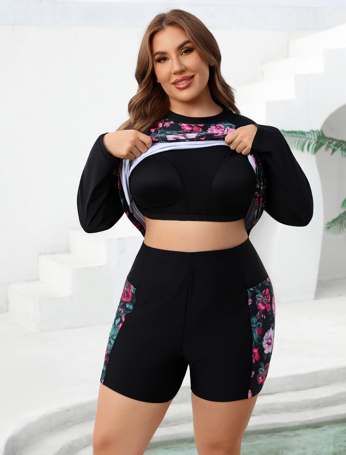 Holiday Uniform Plus Size Two Piece Rash Guard Sets with Built in Bra
