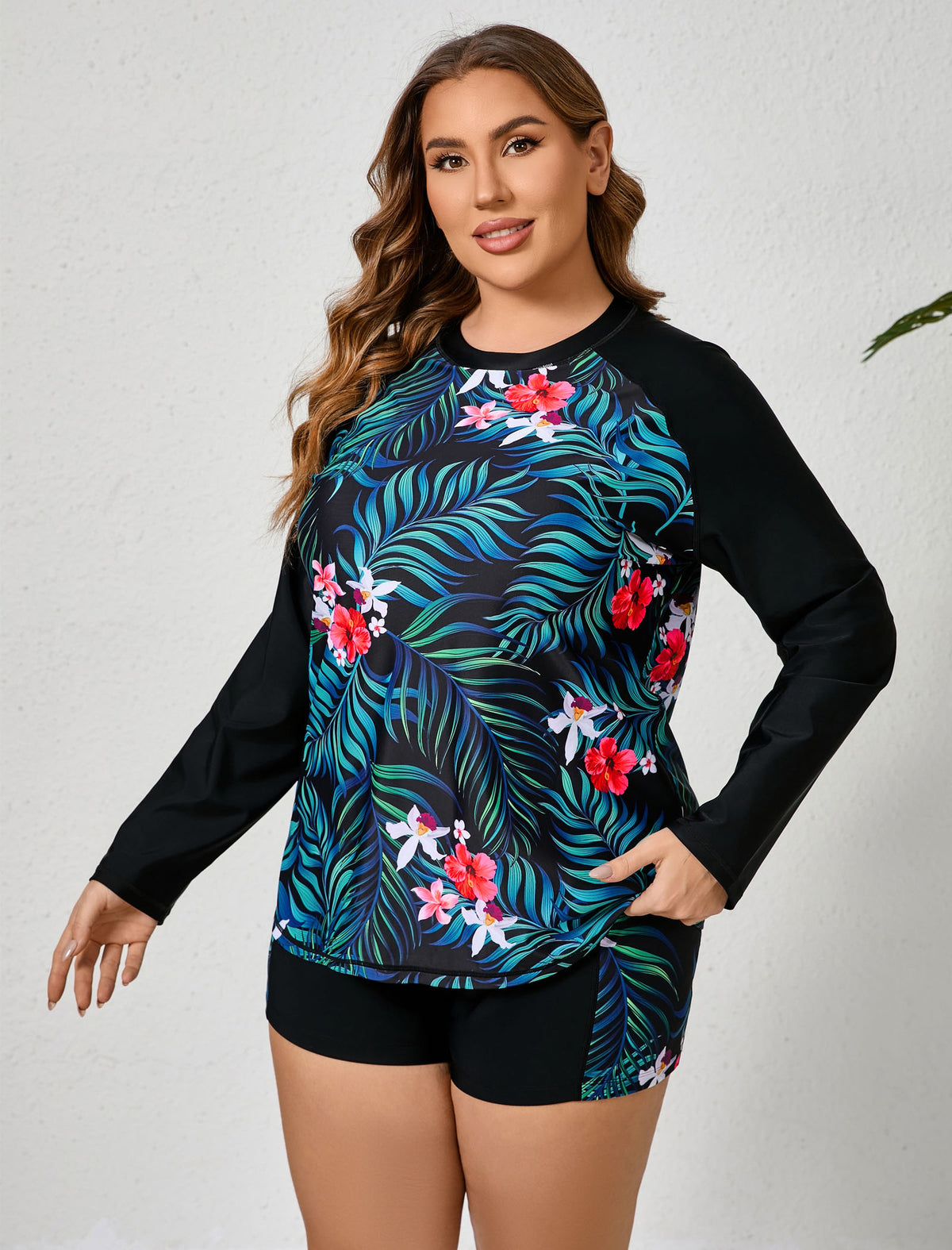 Holiday Uniform Plus Size Two Piece Rash Guard Sets with Built in Bra