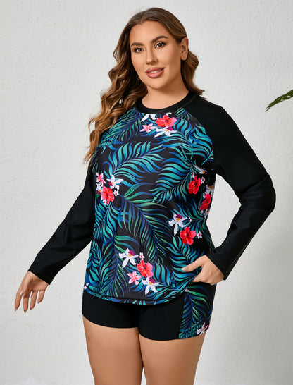 Holiday Uniform Plus Size Two Piece Rash Guard Sets with Built in Bra
