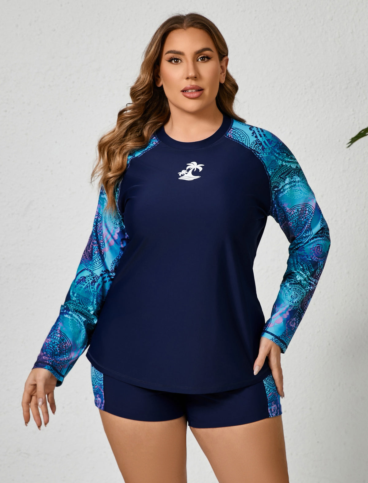 Holiday Uniform Plus Size Two Piece Rash Guard Sets with Built in Bra